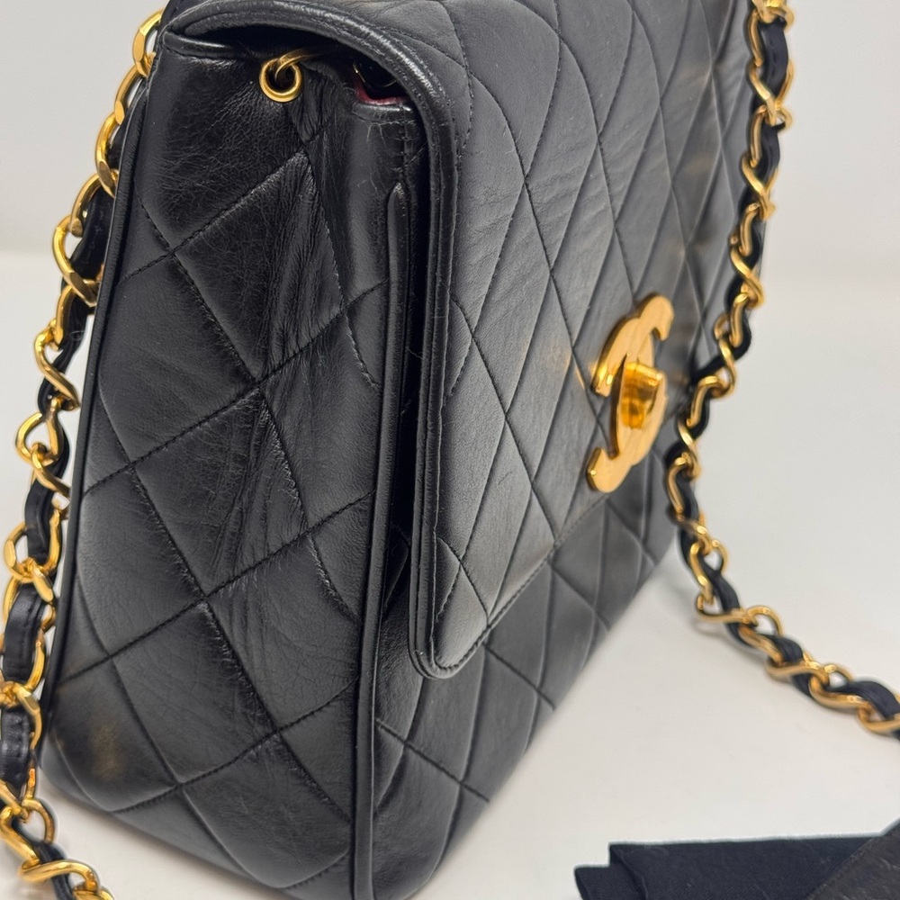 💯💎Authentic💎CHANEL Rare Black Lambskin XL CC Quilted Flap Bag 24k GP Hardware - Picture 9 of 13